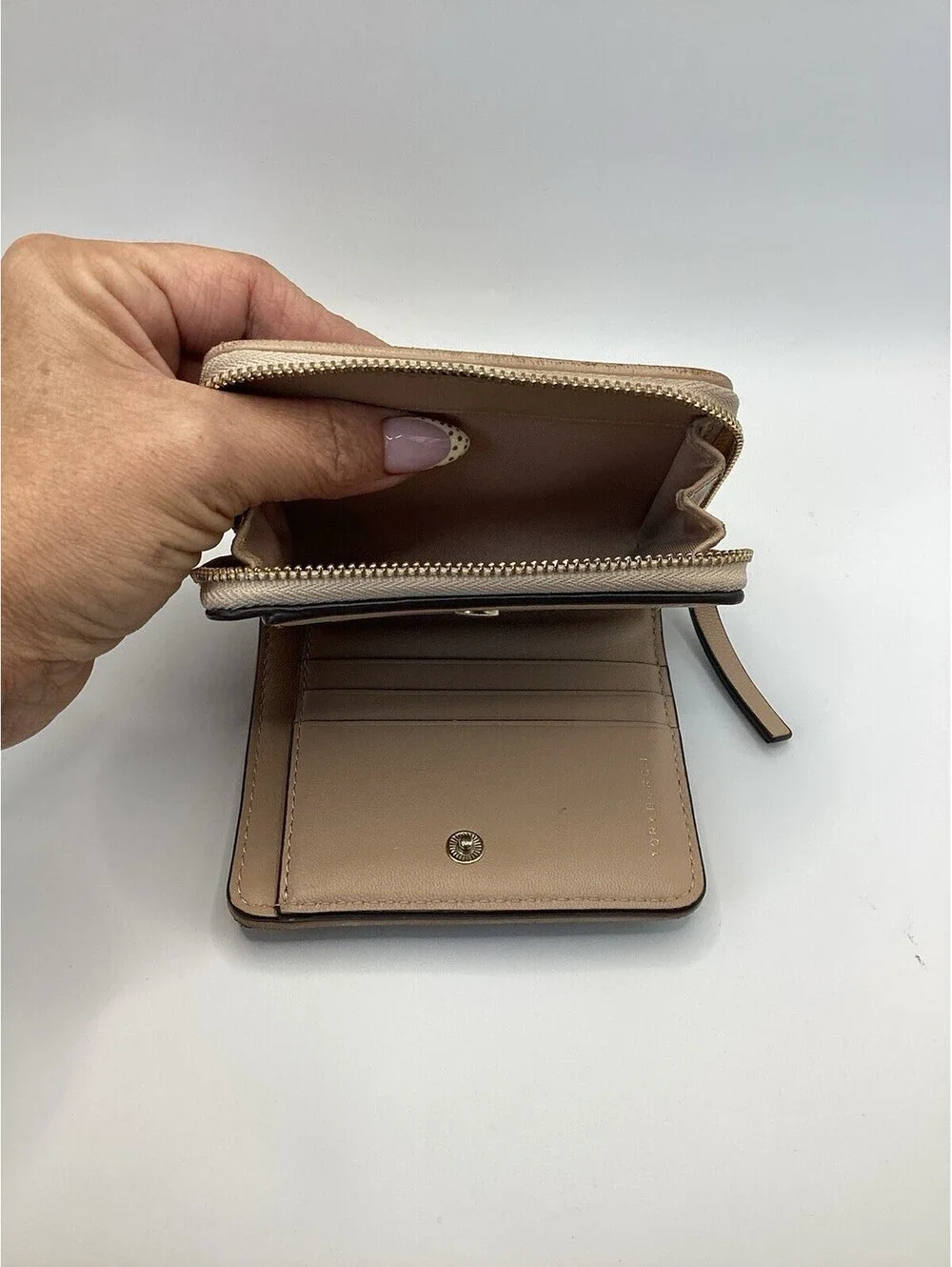 Tory Burch Beige Zip-Around Wallet w/ Logo & Zipper, Credit Card Slots Women